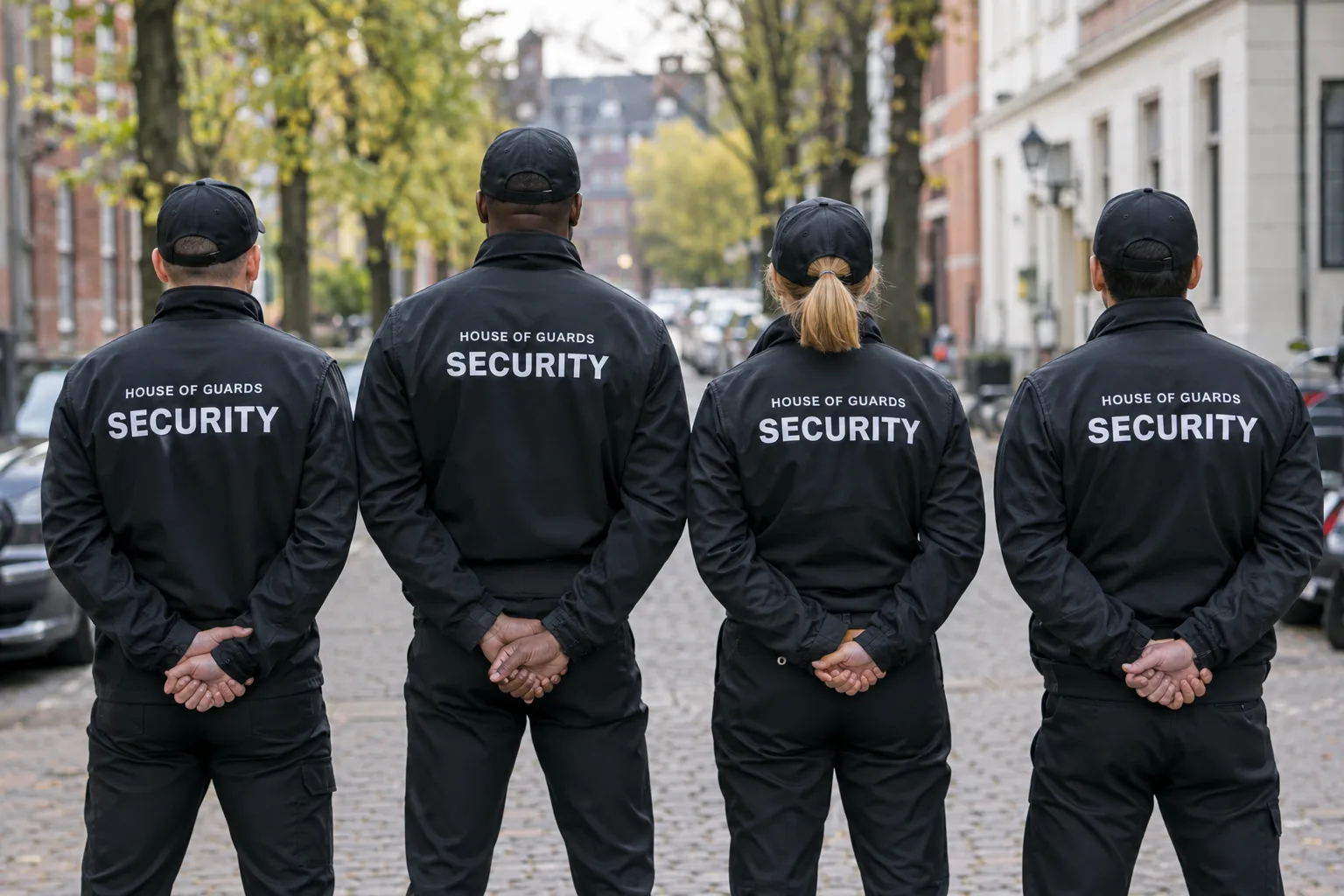 Four Harley Garrison officers standing together on a city street, backs to camera, wearing branded security jackets
