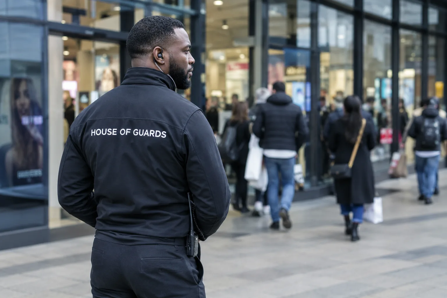 A Harley Garrison officer, back to camera, standing watch on a busy shopping street outside retail storefronts.